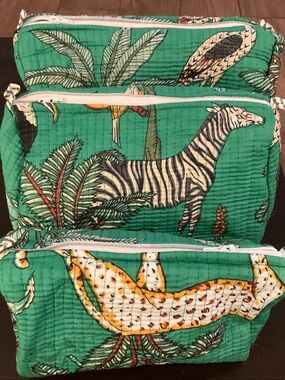 Raj Kantha Green Quilted Cosmetic Bag Set with Zebra & Wildlife Print Set of 3